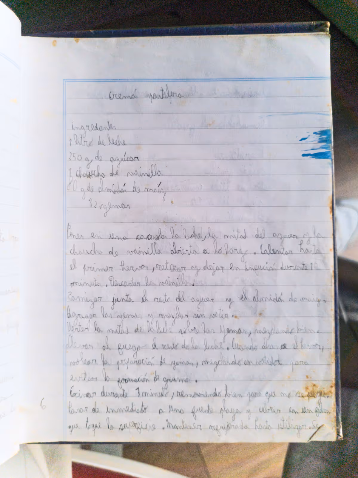 Handwritten crema pastelera recipe in cursive
