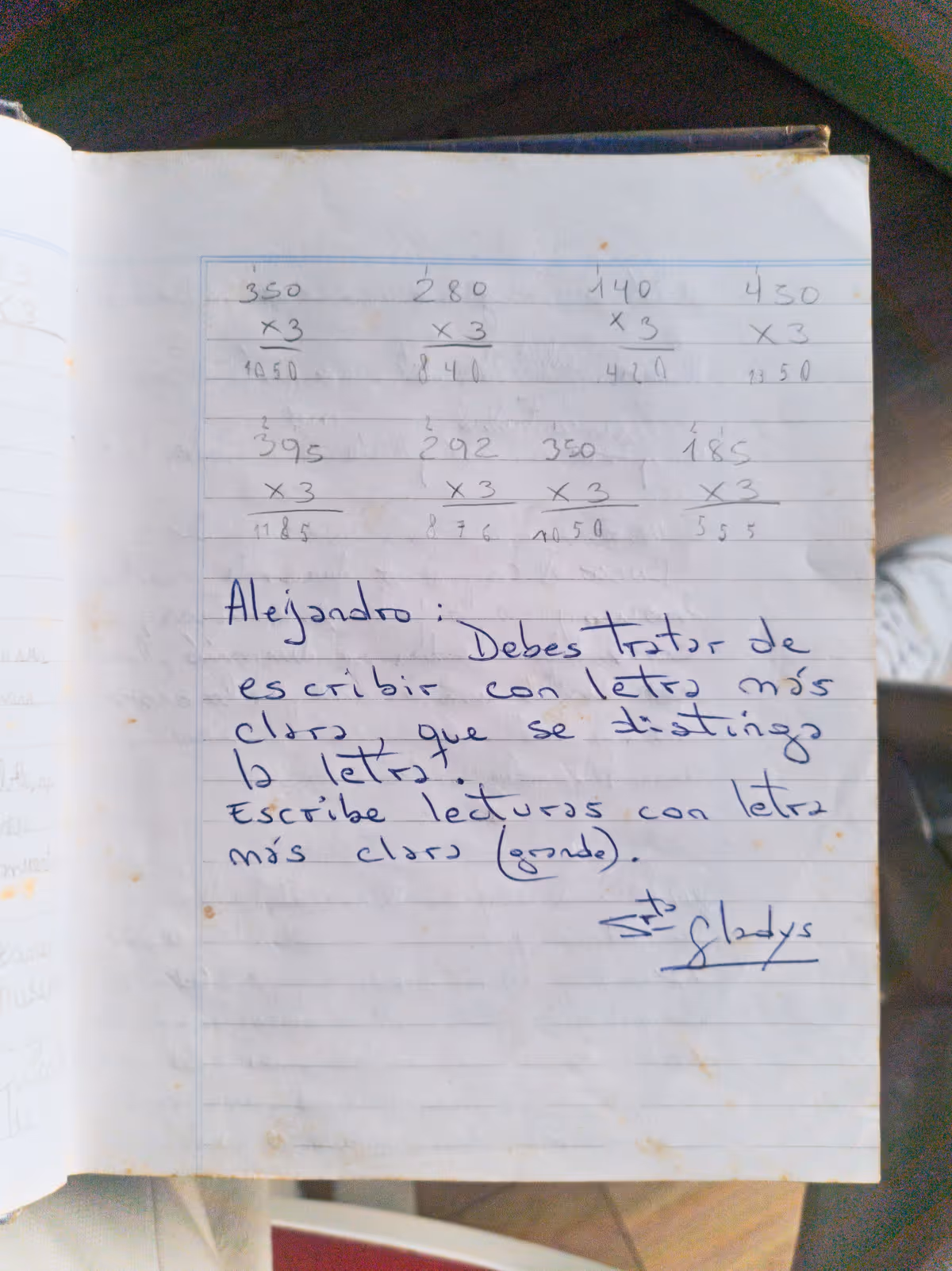 Teacher's note about illegible handwriting